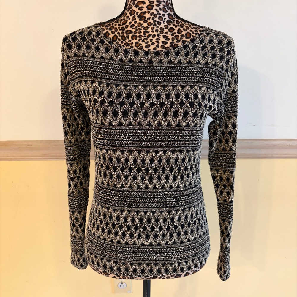 Jaipur Anthropologie Black‎ Gold Geometric Knit Long Sleeve Pullover Top Small